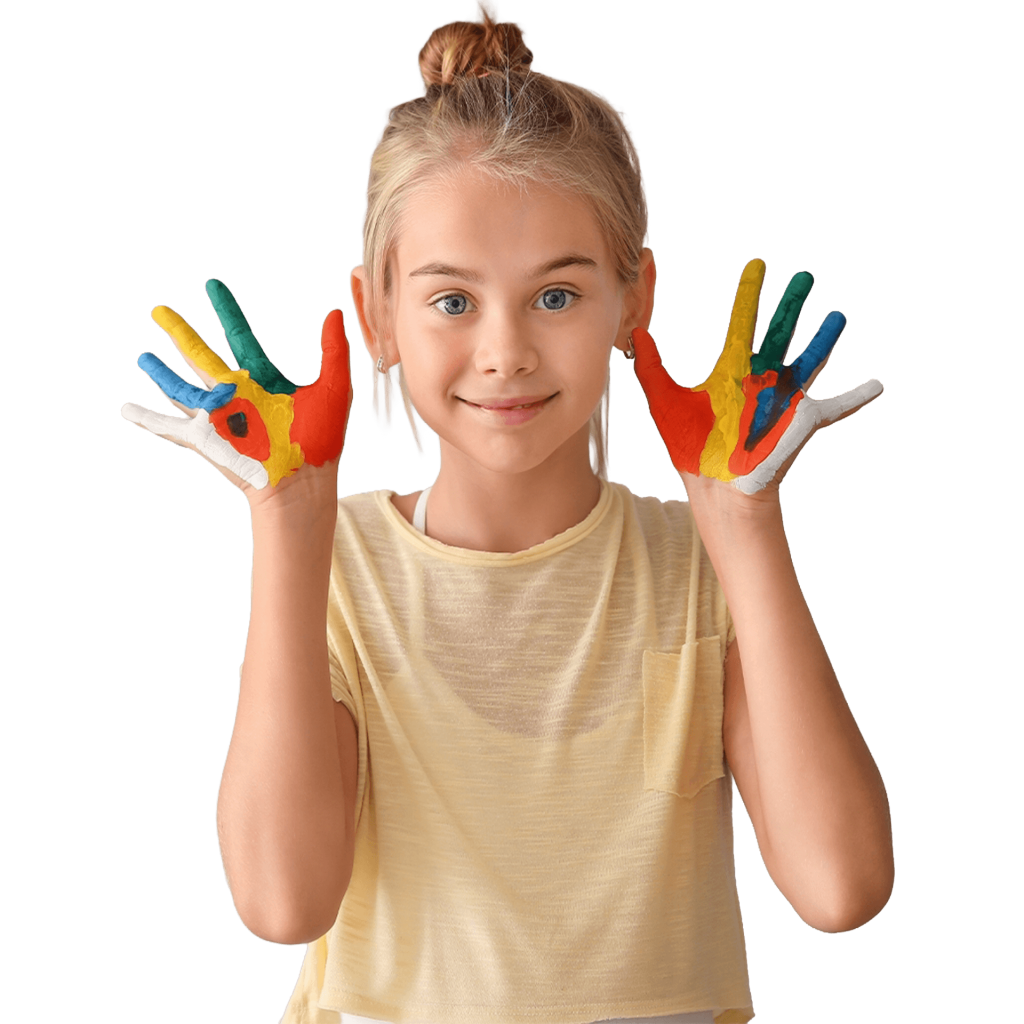Female student in yellow-t-shirt with paint on hands