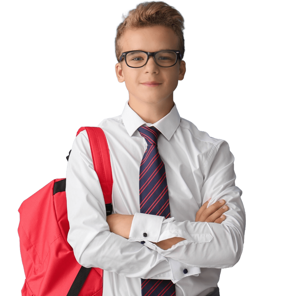 Male student in white shirt and tie with arms folded