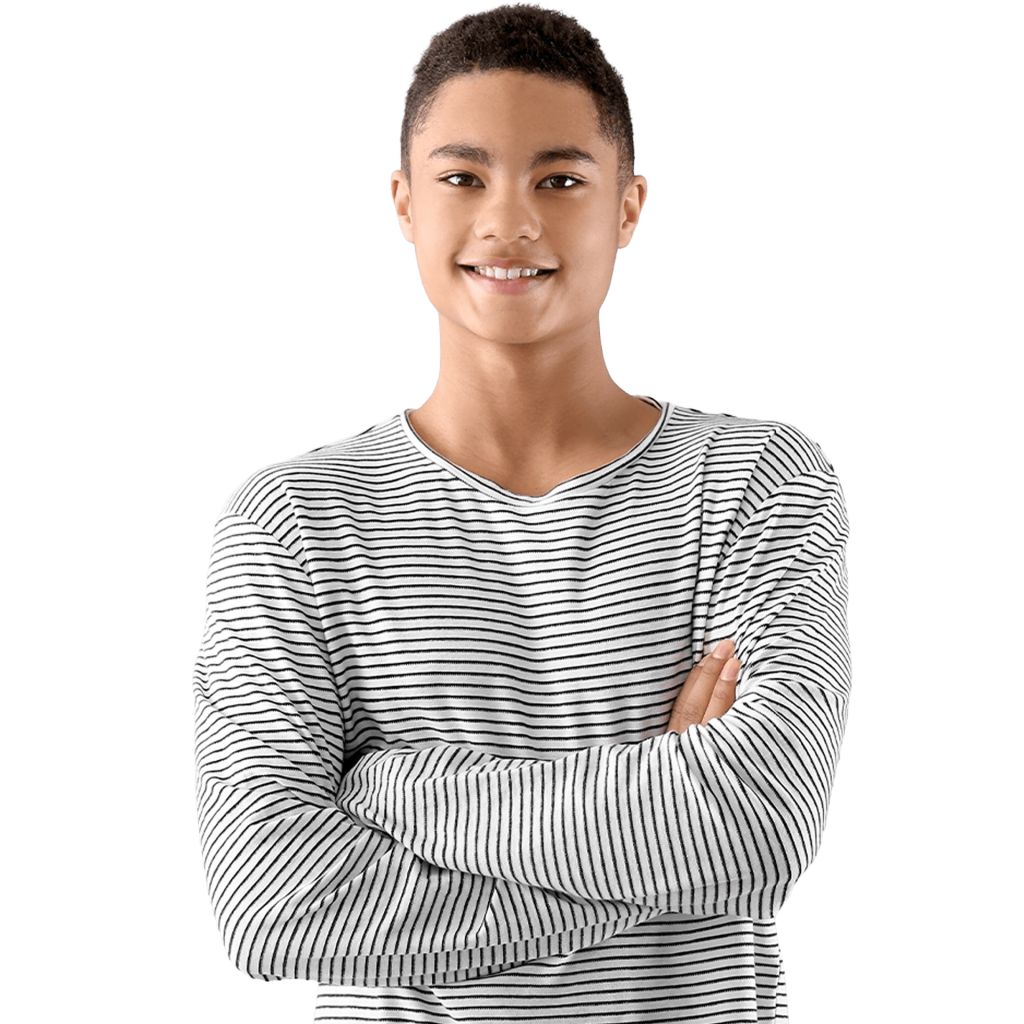 Male student in stripy shirt with arms folded