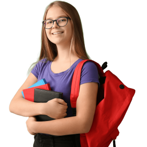 Female student in purple t-shirt holding books