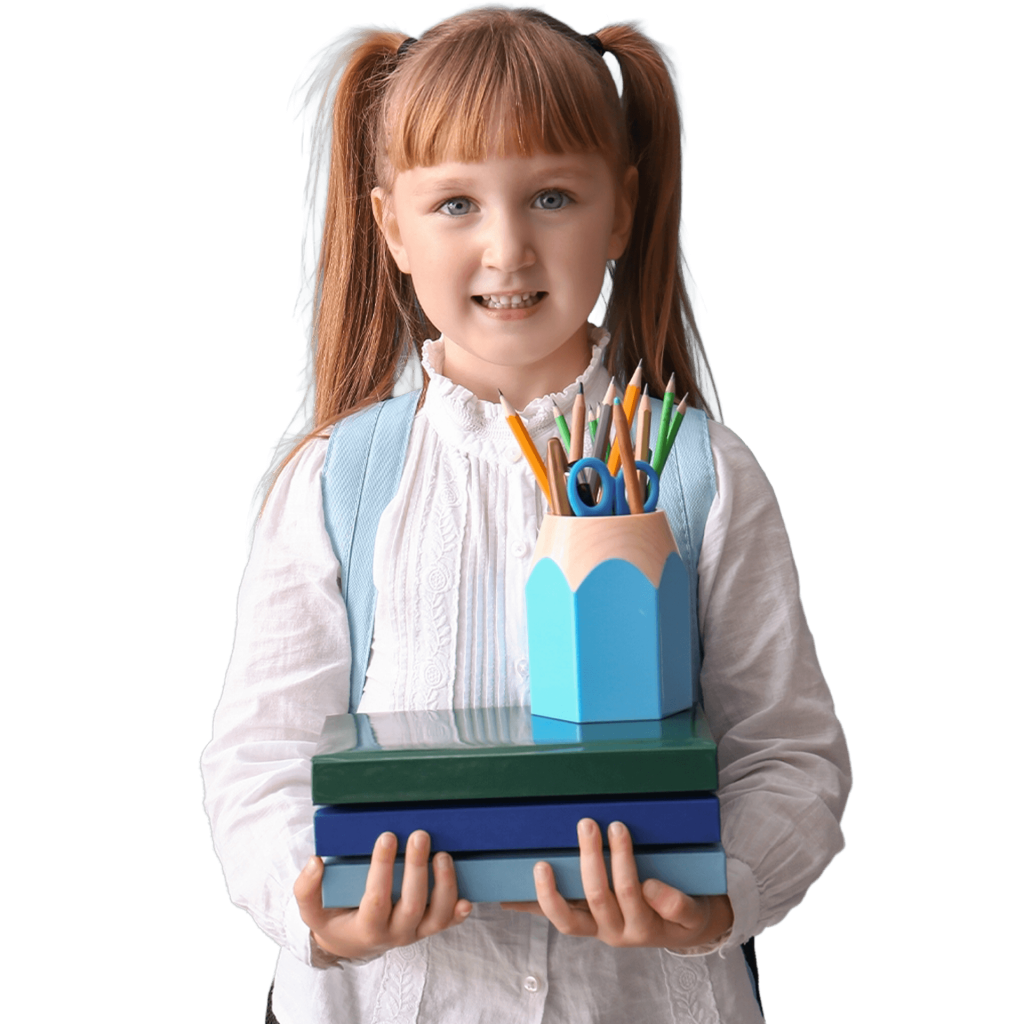 Female student in white shirt holding books and pencils