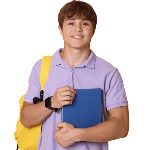 Male student in lilac shirt holding book