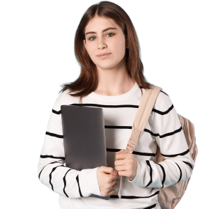 Female student in stripy jumper holding laptop