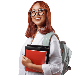 Female student in white shirt holding books