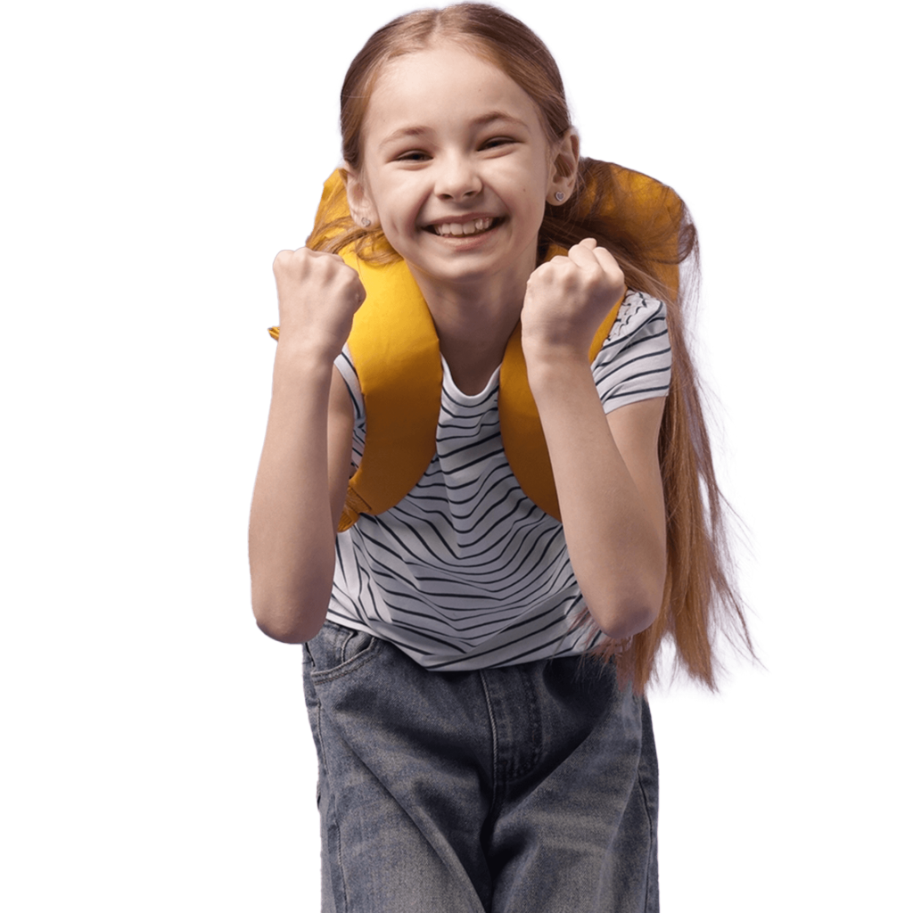 Female student in stripy t-shirt clenching fists