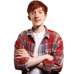 Male student in red check shirt with arms folded