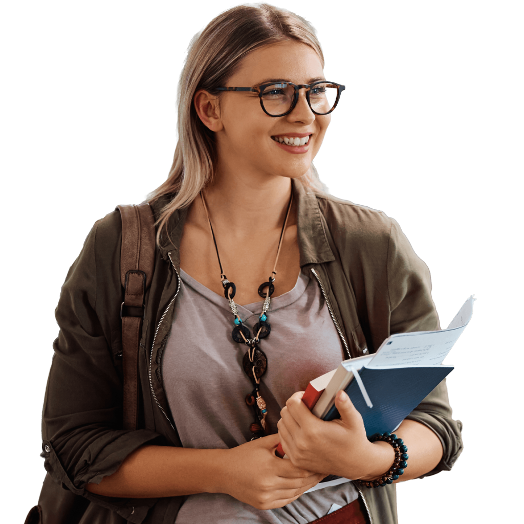 Female student in khaki jacket holding books