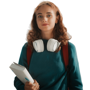 Female student in green jumper with headphones