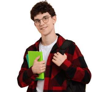 Male student in red and black check shirt