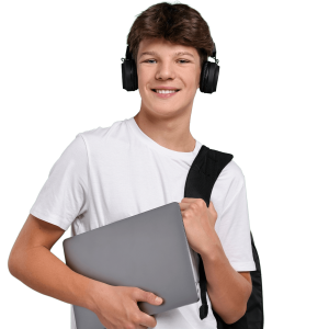 Male student in white t-shirt holding laptop