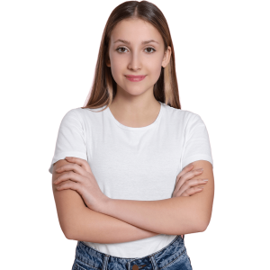 Female student in white t-shirt with folded arms