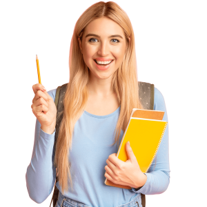 Female student in light blue shirt holding pencil