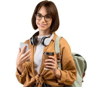 Female student in caramel shirt holding phone and coffee