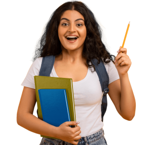 Female student in white t-shirt holding pencil