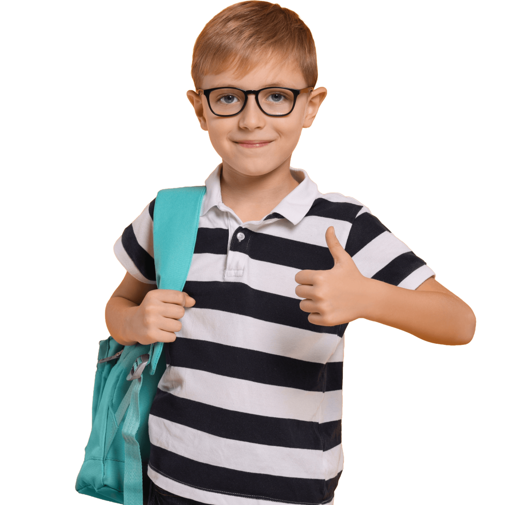 Male student in stripy t-shirt doing thumbs up