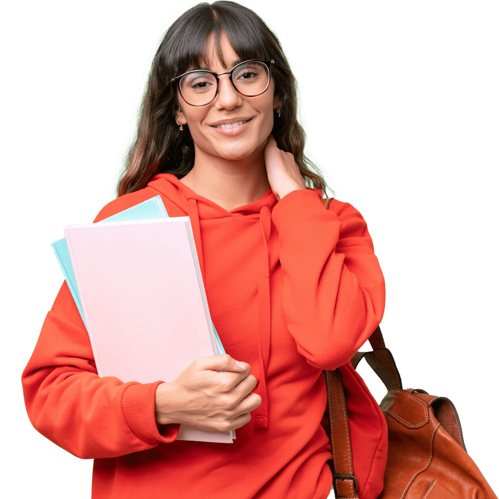 Female student in orange hoodie