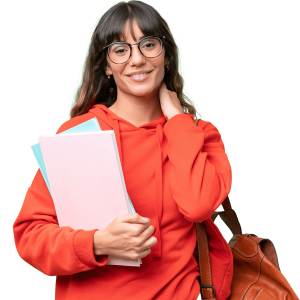 Female student in orange hoodie