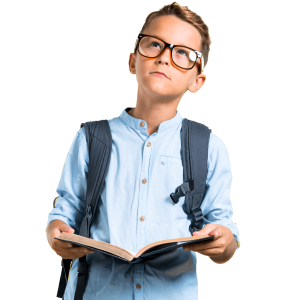 Male student in light blue shirt looking up
