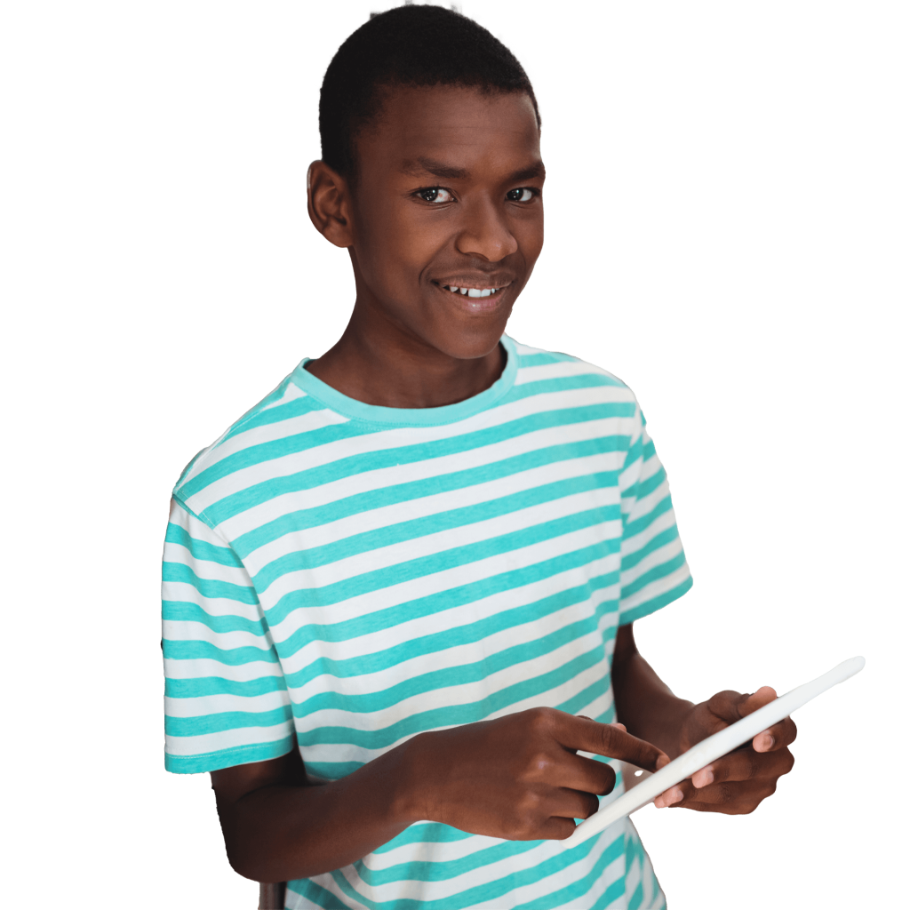 Male student in stripy t-shirt using tablet