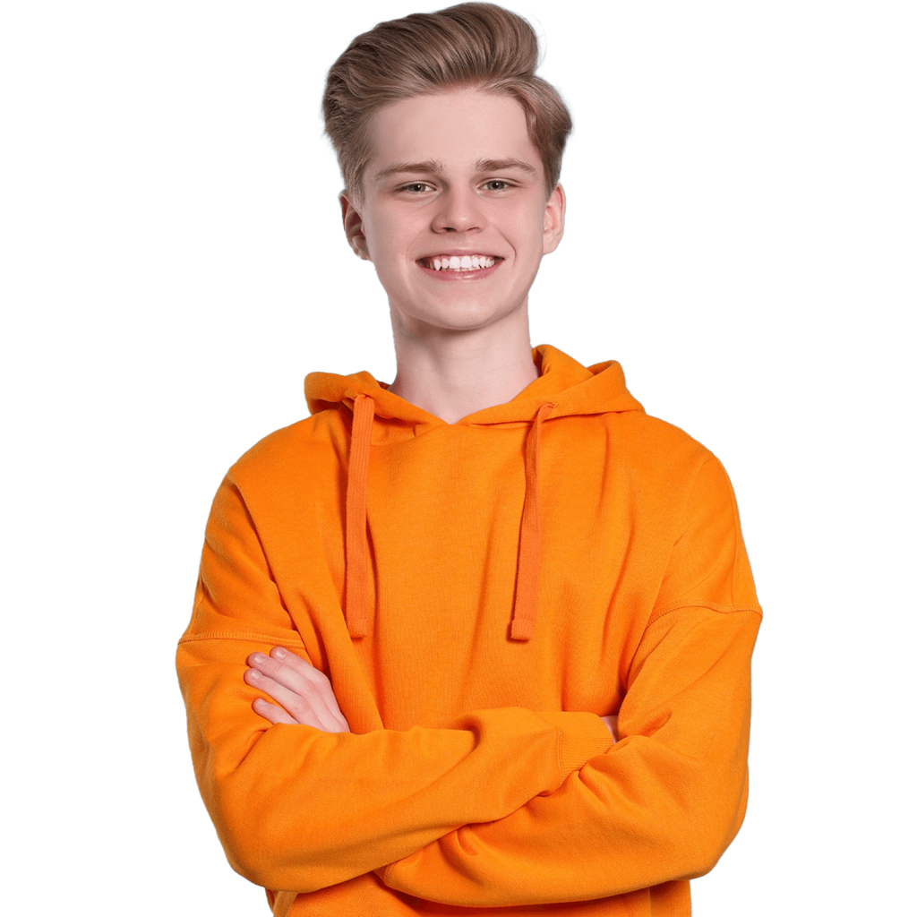 Male student in orange hoodie with arms folded