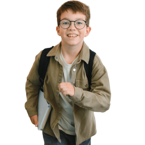 Male student in khaki shirt running