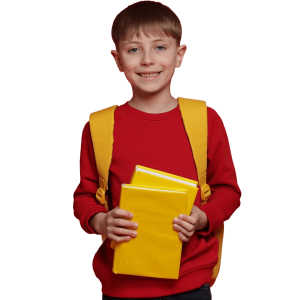 Male student in red jumper holding books