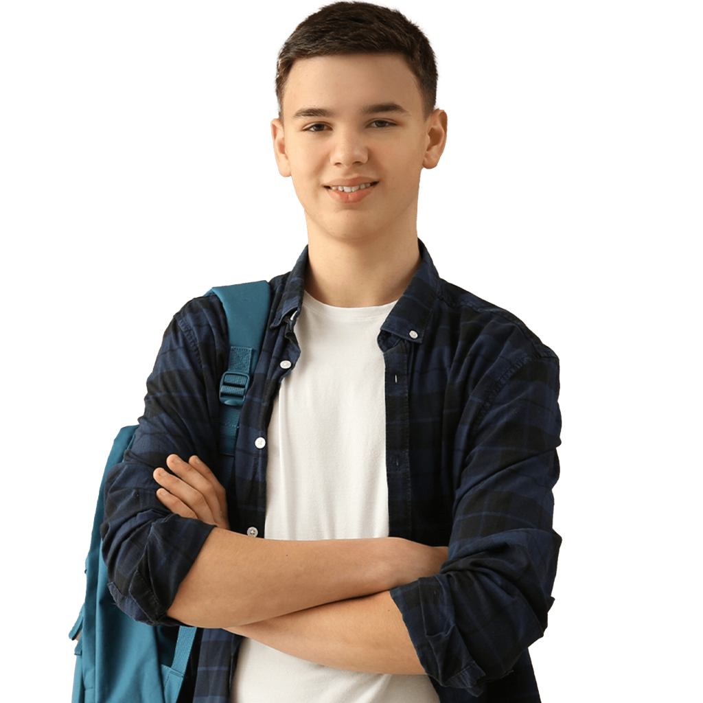 Male student in blue check shirt with arms folded